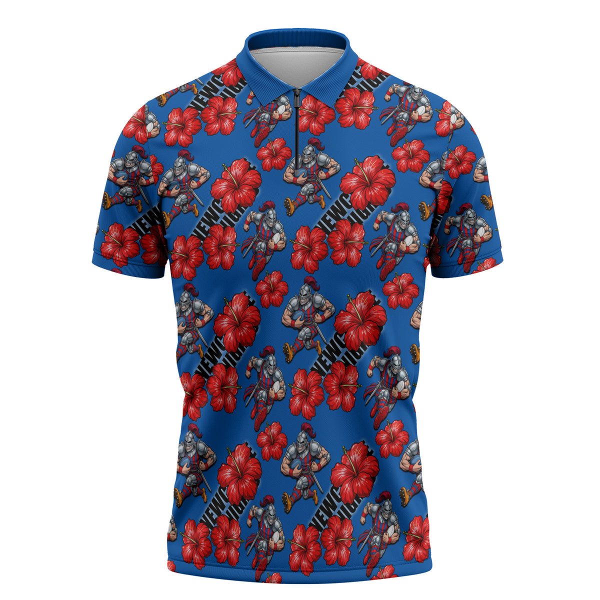 Newcastle Knights Zipper Polo Shirt Tropical Hibiscus Floral Seamless Rugby Mascot