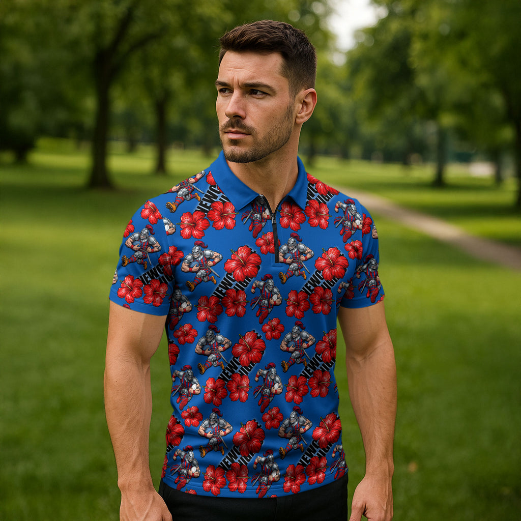 Newcastle Knights Zipper Polo Shirt Tropical Hibiscus Floral Seamless Rugby Mascot