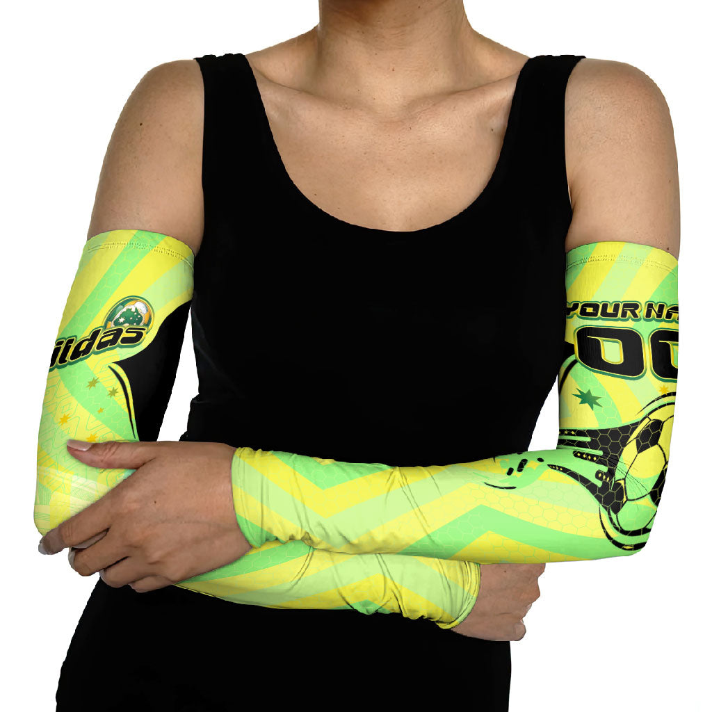 Personalised Matildas Arm Sleeves Running Kangaroo Soccer Player Chevron Lines