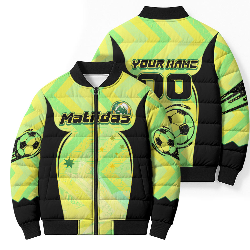Personalised Matildas Bomber Puffer Jacket Running Kangaroo Soccer Player Chevron Lines