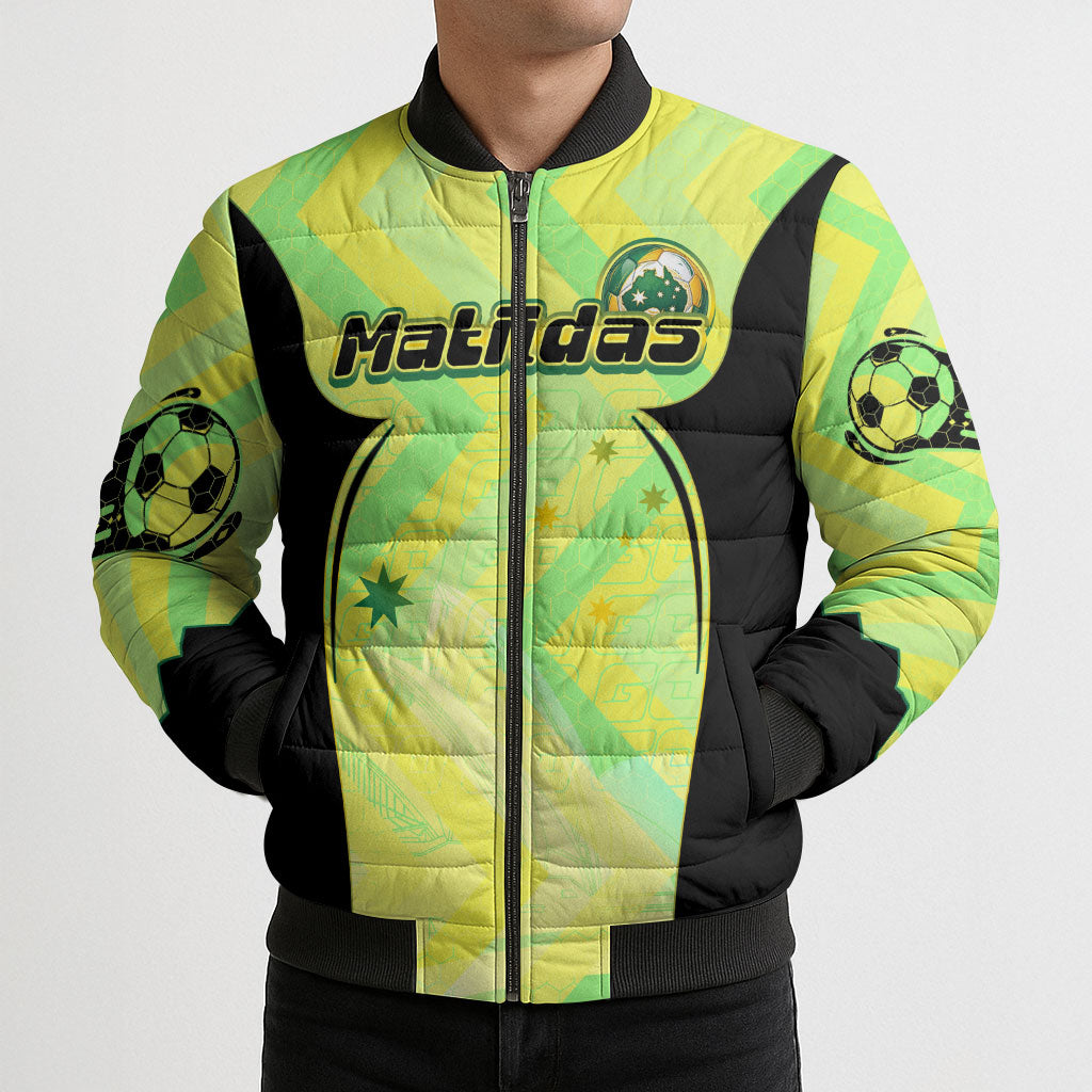 Personalised Matildas Bomber Puffer Jacket Running Kangaroo Soccer Player Chevron Lines