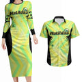 Personalised Matildas Couples Matching Long Sleeve Bodycon Dress and Hawaiian Shirt Running Kangaroo Soccer Player Chevron Lines