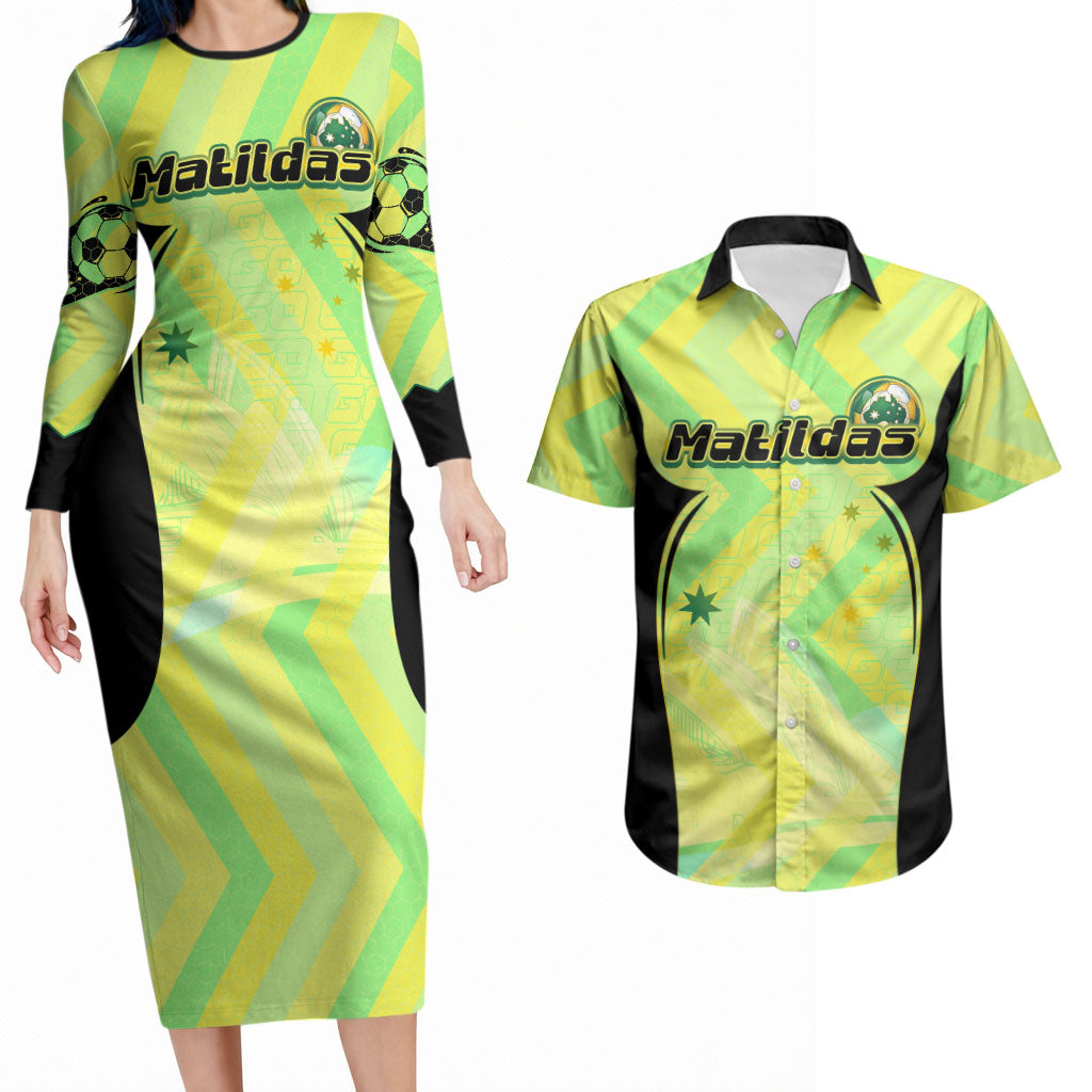 Personalised Matildas Couples Matching Long Sleeve Bodycon Dress and Hawaiian Shirt Running Kangaroo Soccer Player Chevron Lines