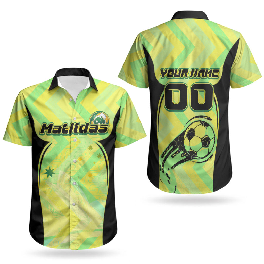 Personalised Matildas Couples Matching Long Sleeve Bodycon Dress and Hawaiian Shirt Running Kangaroo Soccer Player Chevron Lines