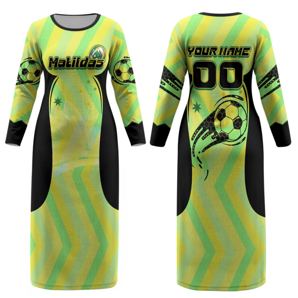 Personalised Matildas Couples Matching Long Sleeve Bodycon Dress and Hawaiian Shirt Running Kangaroo Soccer Player Chevron Lines