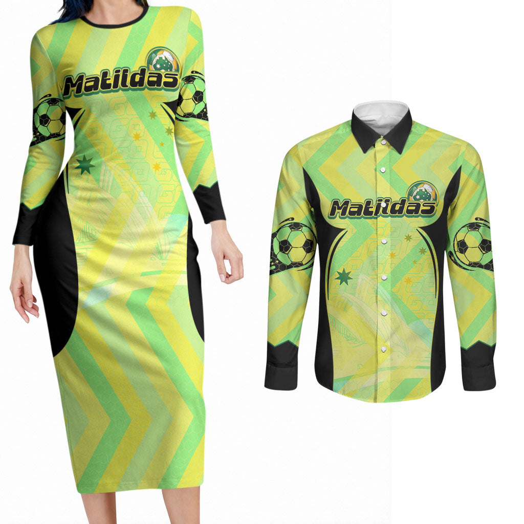 Personalised Matildas Couples Matching Long Sleeve Bodycon Dress and Long Sleeve Button Shirt Running Kangaroo Soccer Player Chevron Lines