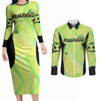 Personalised Matildas Couples Matching Long Sleeve Bodycon Dress and Long Sleeve Button Shirt Running Kangaroo Soccer Player Chevron Lines