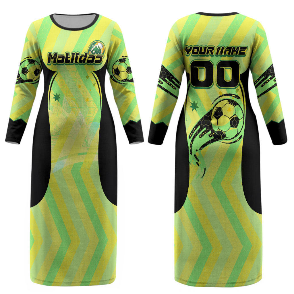 Personalised Matildas Couples Matching Long Sleeve Bodycon Dress and Long Sleeve Button Shirt Running Kangaroo Soccer Player Chevron Lines