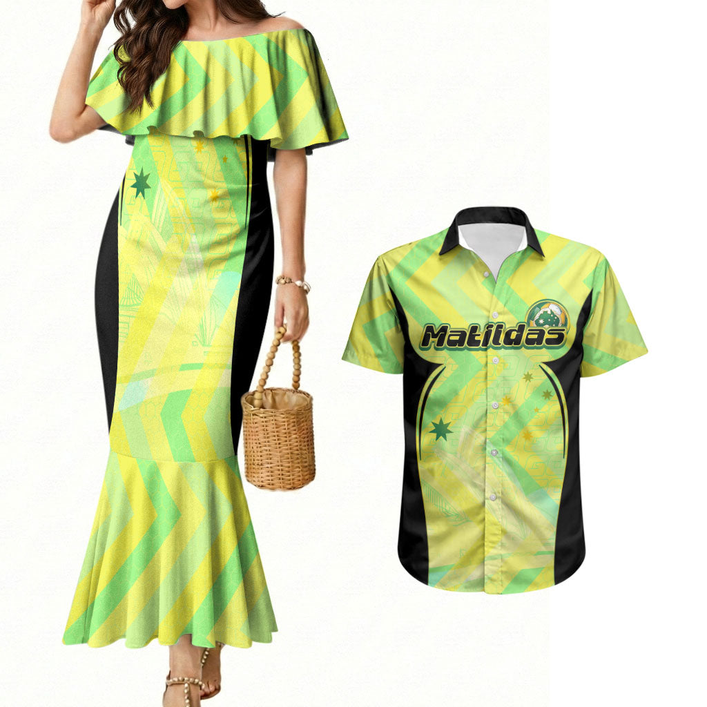 Personalised Matildas Couples Matching Mermaid Dress and Hawaiian Shirt Running Kangaroo Soccer Player Chevron Lines