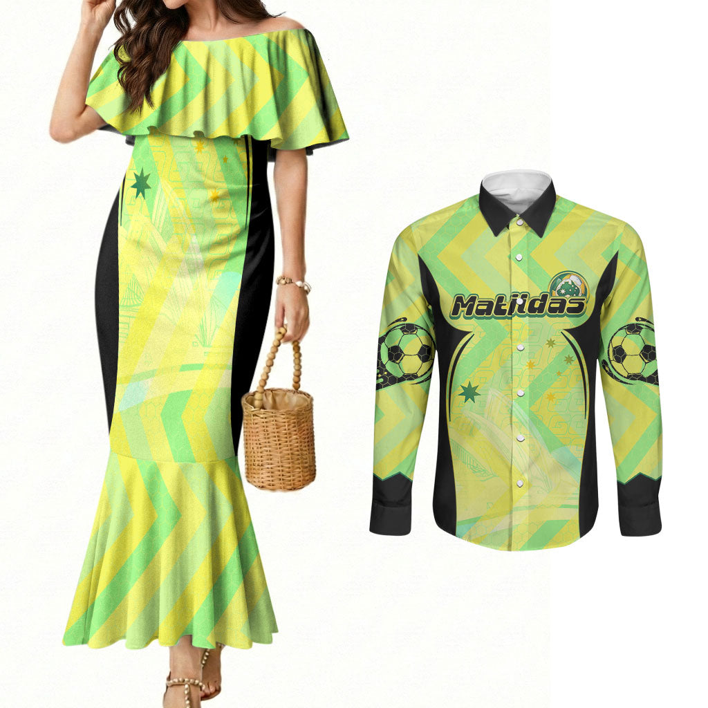 Personalised Matildas Couples Matching Mermaid Dress and Long Sleeve Button Shirt Running Kangaroo Soccer Player Chevron Lines