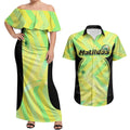 Personalised Matildas Couples Matching Off Shoulder Maxi Dress and Hawaiian Shirt Running Kangaroo Soccer Player Chevron Lines