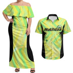 Personalised Matildas Couples Matching Off Shoulder Maxi Dress and Hawaiian Shirt Running Kangaroo Soccer Player Chevron Lines