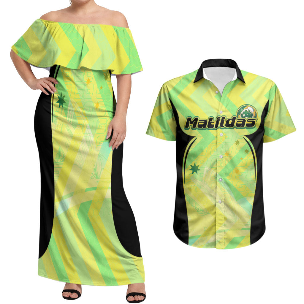 Personalised Matildas Couples Matching Off Shoulder Maxi Dress and Hawaiian Shirt Running Kangaroo Soccer Player Chevron Lines