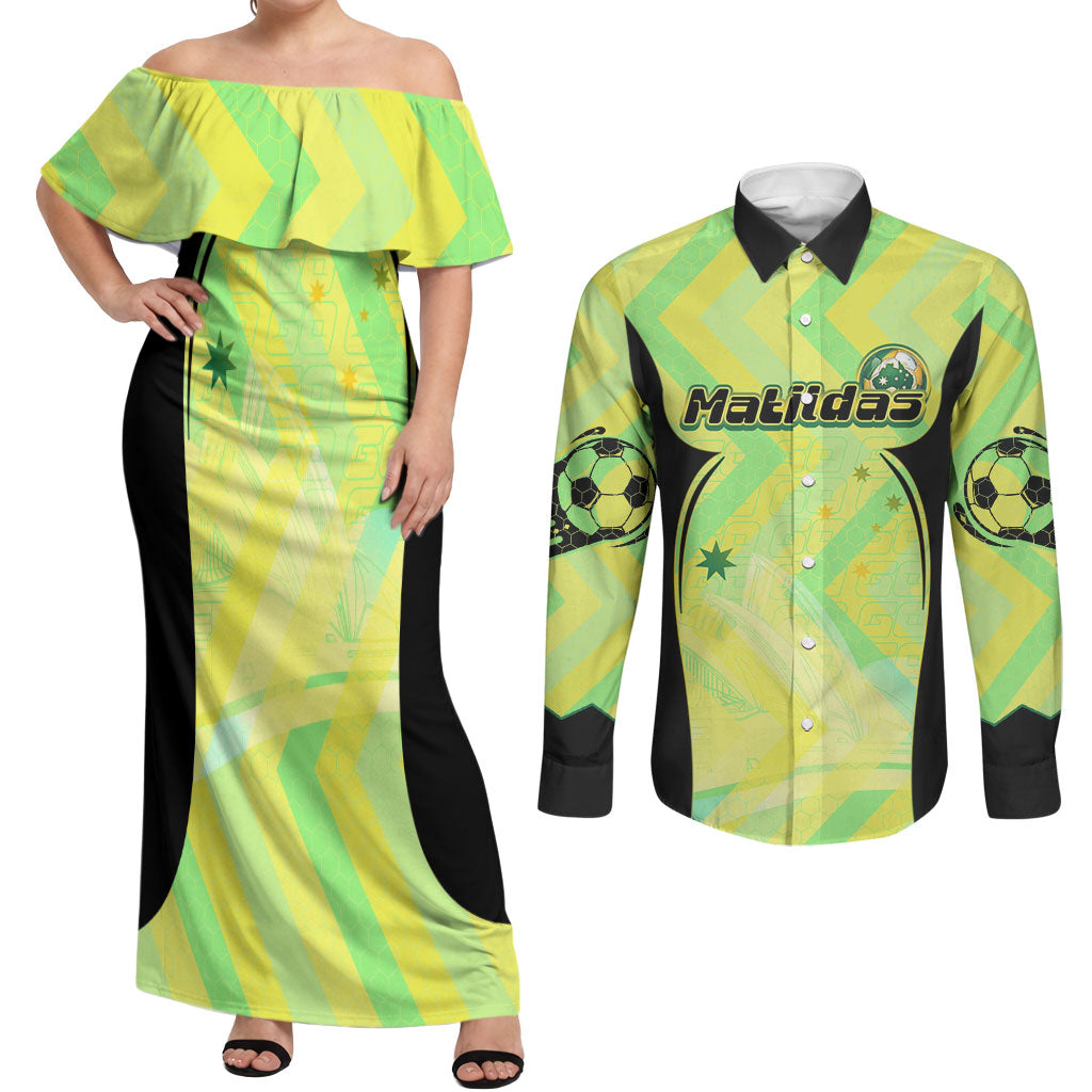 Personalised Matildas Couples Matching Off Shoulder Maxi Dress and Long Sleeve Button Shirt Running Kangaroo Soccer Player Chevron Lines