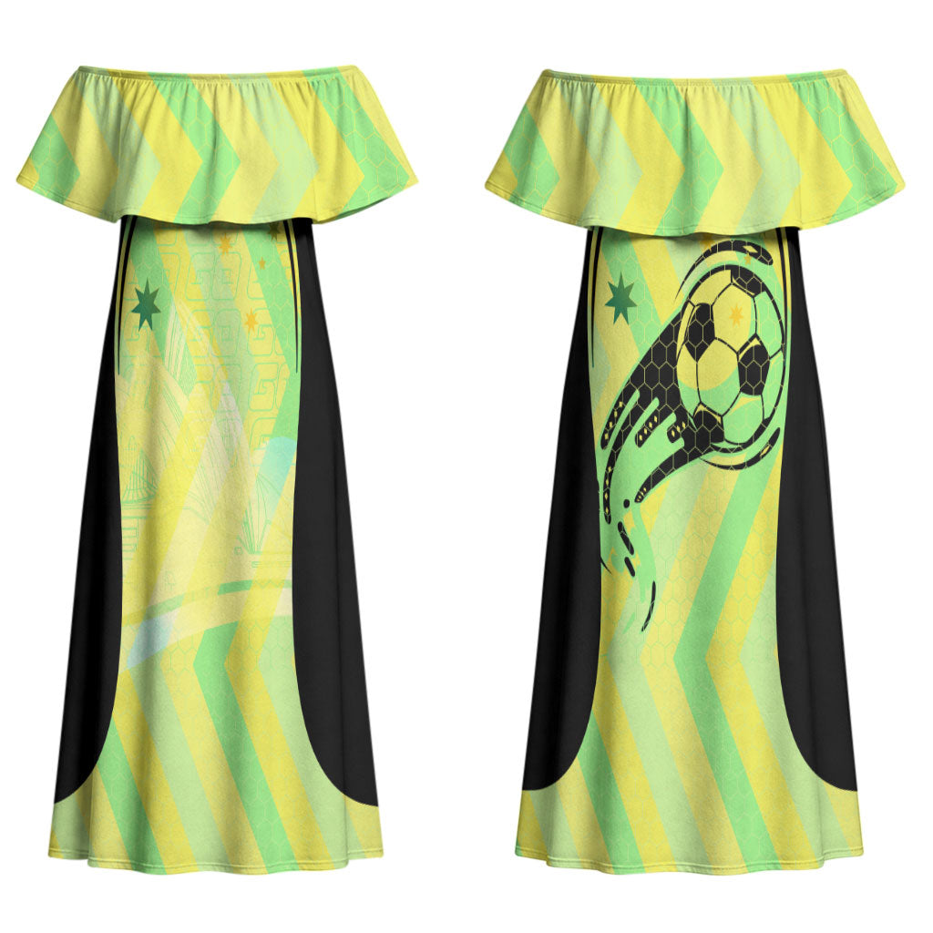 Personalised Matildas Couples Matching Off Shoulder Maxi Dress and Long Sleeve Button Shirt Running Kangaroo Soccer Player Chevron Lines