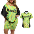 Personalised Matildas Couples Matching Off Shoulder Short Dress and Hawaiian Shirt Running Kangaroo Soccer Player Chevron Lines