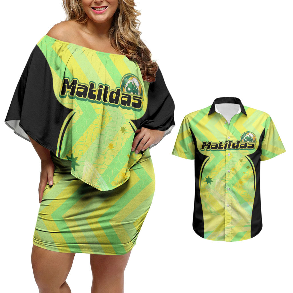 Personalised Matildas Couples Matching Off Shoulder Short Dress and Hawaiian Shirt Running Kangaroo Soccer Player Chevron Lines