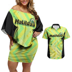 Personalised Matildas Couples Matching Off Shoulder Short Dress and Hawaiian Shirt Running Kangaroo Soccer Player Chevron Lines