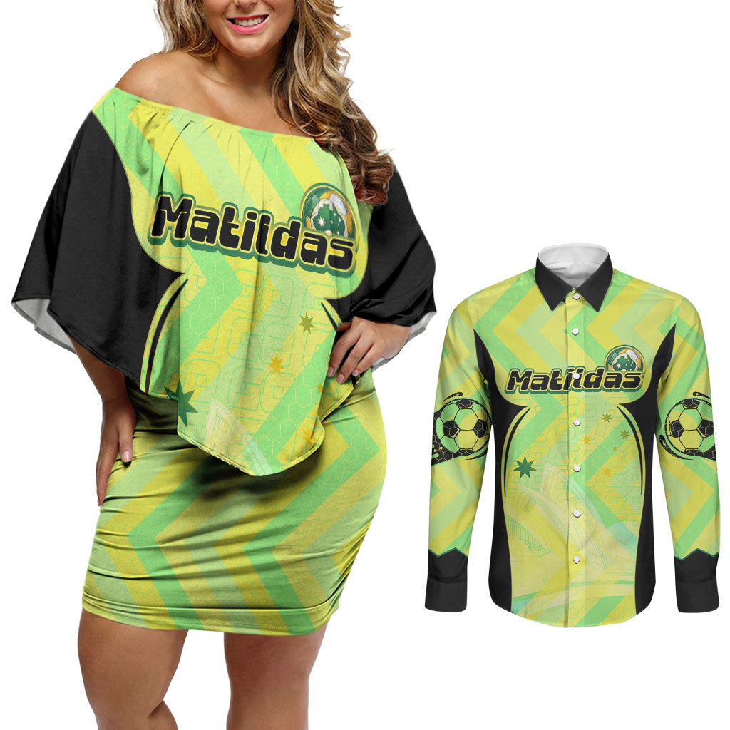 Personalised Matildas Couples Matching Off Shoulder Short Dress and Long Sleeve Button Shirt Running Kangaroo Soccer Player Chevron Lines