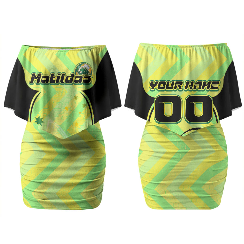 Personalised Matildas Couples Matching Off Shoulder Short Dress and Long Sleeve Button Shirt Running Kangaroo Soccer Player Chevron Lines