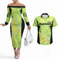 Personalised Matildas Couples Matching Off The Shoulder Long Sleeve Dress and Hawaiian Shirt Running Kangaroo Soccer Player Chevron Lines