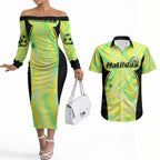 Personalised Matildas Couples Matching Off The Shoulder Long Sleeve Dress and Hawaiian Shirt Running Kangaroo Soccer Player Chevron Lines