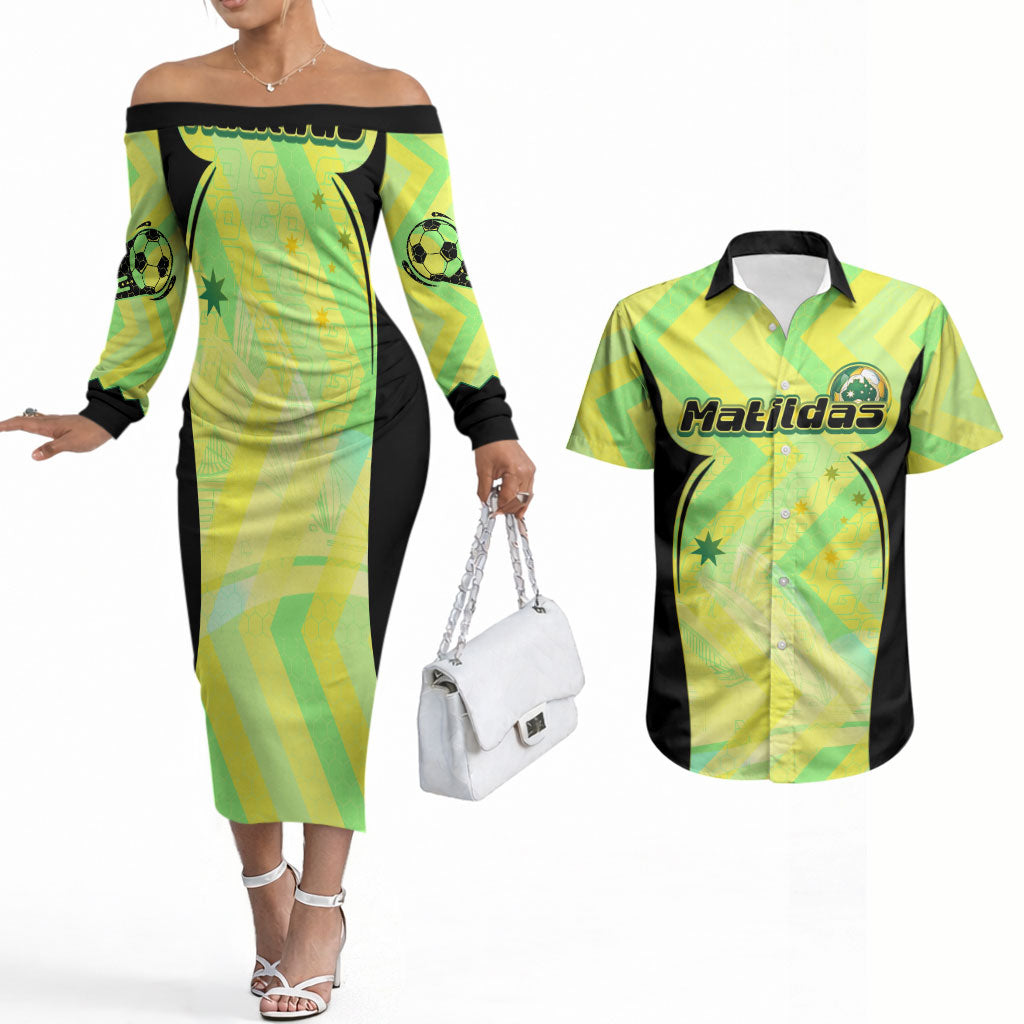 Personalised Matildas Couples Matching Off The Shoulder Long Sleeve Dress and Hawaiian Shirt Running Kangaroo Soccer Player Chevron Lines