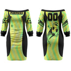 Personalised Matildas Couples Matching Off The Shoulder Long Sleeve Dress and Hawaiian Shirt Running Kangaroo Soccer Player Chevron Lines
