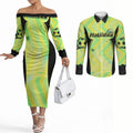 Personalised Matildas Couples Matching Off The Shoulder Long Sleeve Dress and Long Sleeve Button Shirt Running Kangaroo Soccer Player Chevron Lines