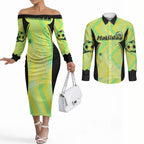 Personalised Matildas Couples Matching Off The Shoulder Long Sleeve Dress and Long Sleeve Button Shirt Running Kangaroo Soccer Player Chevron Lines