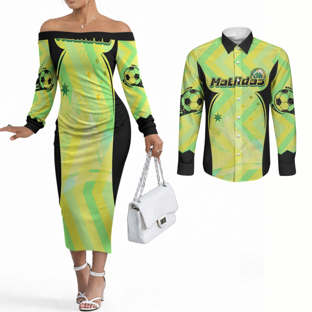 Personalised Matildas Couples Matching Off The Shoulder Long Sleeve Dress and Long Sleeve Button Shirt Running Kangaroo Soccer Player Chevron Lines