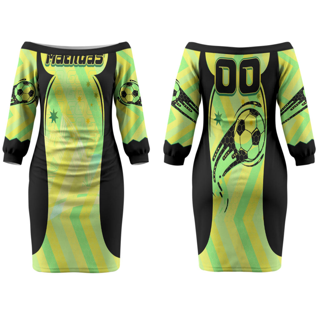 Personalised Matildas Couples Matching Off The Shoulder Long Sleeve Dress and Long Sleeve Button Shirt Running Kangaroo Soccer Player Chevron Lines