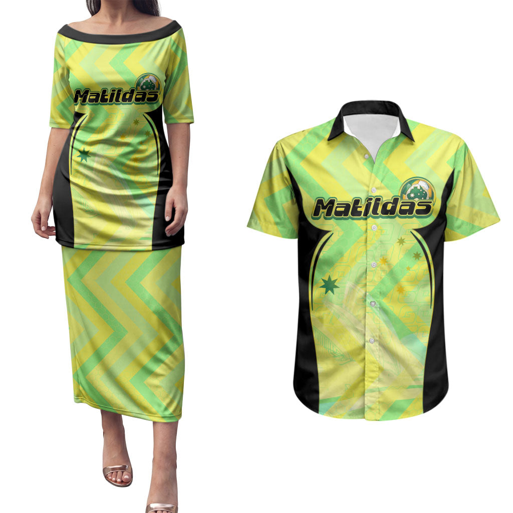 Personalised Matildas Couples Matching Puletasi and Hawaiian Shirt Running Kangaroo Soccer Player Chevron Lines