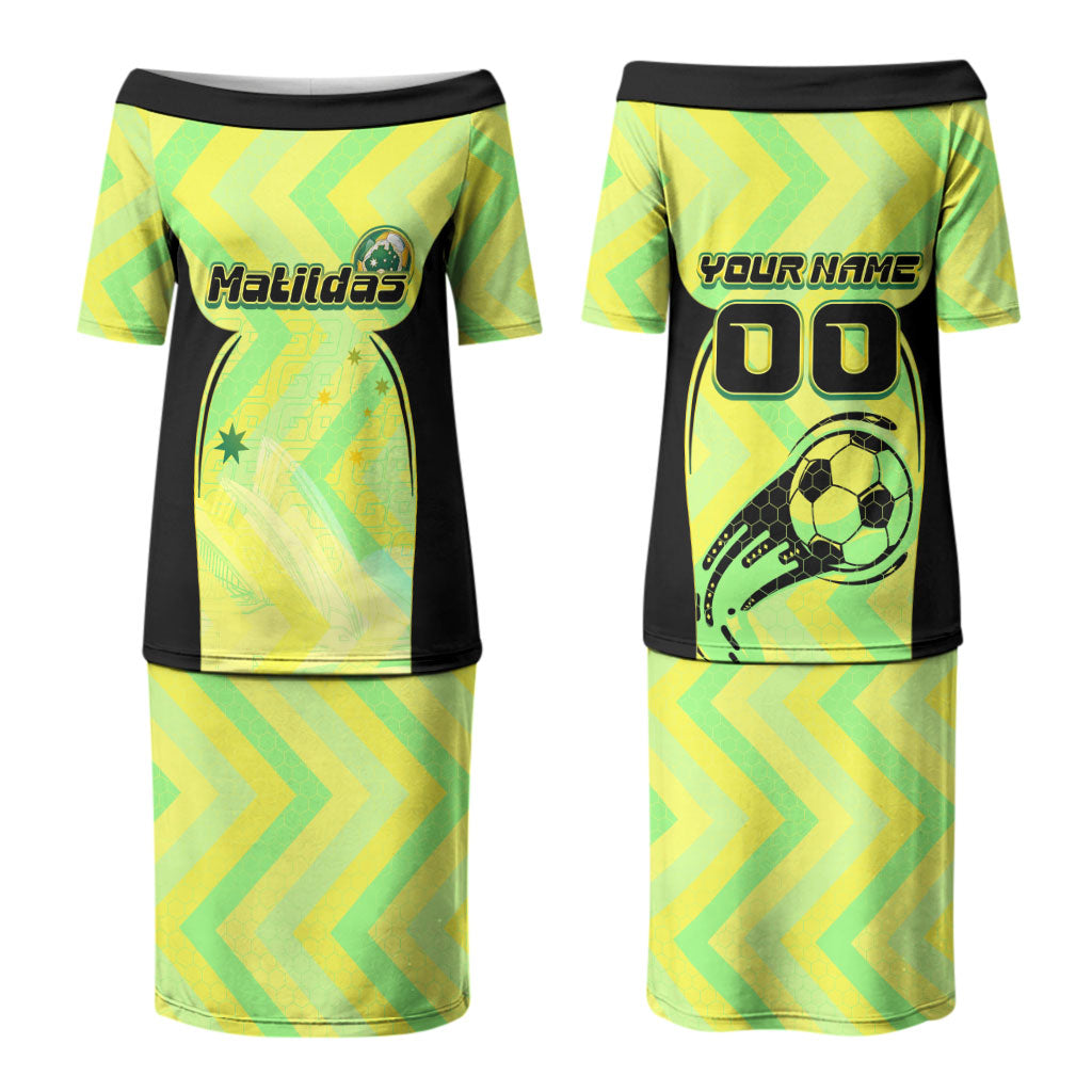 Personalised Matildas Couples Matching Puletasi and Long Sleeve Button Shirt Running Kangaroo Soccer Player Chevron Lines