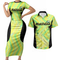 Personalised Matildas Couples Matching Short Sleeve Bodycon Dress and Hawaiian Shirt Running Kangaroo Soccer Player Chevron Lines