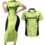 Personalised Matildas Couples Matching Short Sleeve Bodycon Dress and Hawaiian Shirt Running Kangaroo Soccer Player Chevron Lines