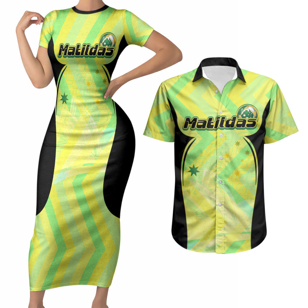 Personalised Matildas Couples Matching Short Sleeve Bodycon Dress and Hawaiian Shirt Running Kangaroo Soccer Player Chevron Lines