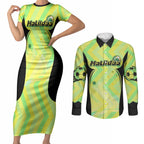 Personalised Matildas Couples Matching Short Sleeve Bodycon Dress and Long Sleeve Button Shirt Running Kangaroo Soccer Player Chevron Lines
