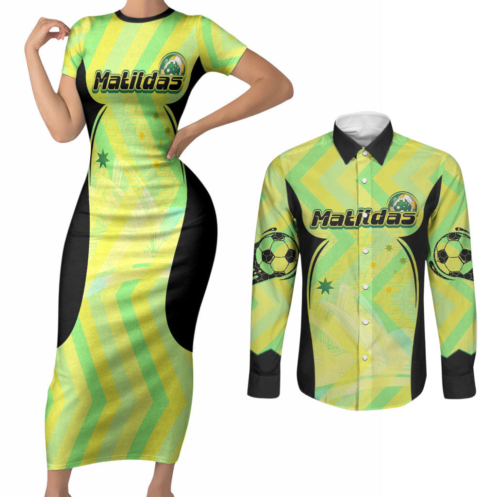 Personalised Matildas Couples Matching Short Sleeve Bodycon Dress and Long Sleeve Button Shirt Running Kangaroo Soccer Player Chevron Lines