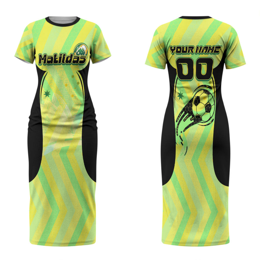 Personalised Matildas Couples Matching Short Sleeve Bodycon Dress and Long Sleeve Button Shirt Running Kangaroo Soccer Player Chevron Lines