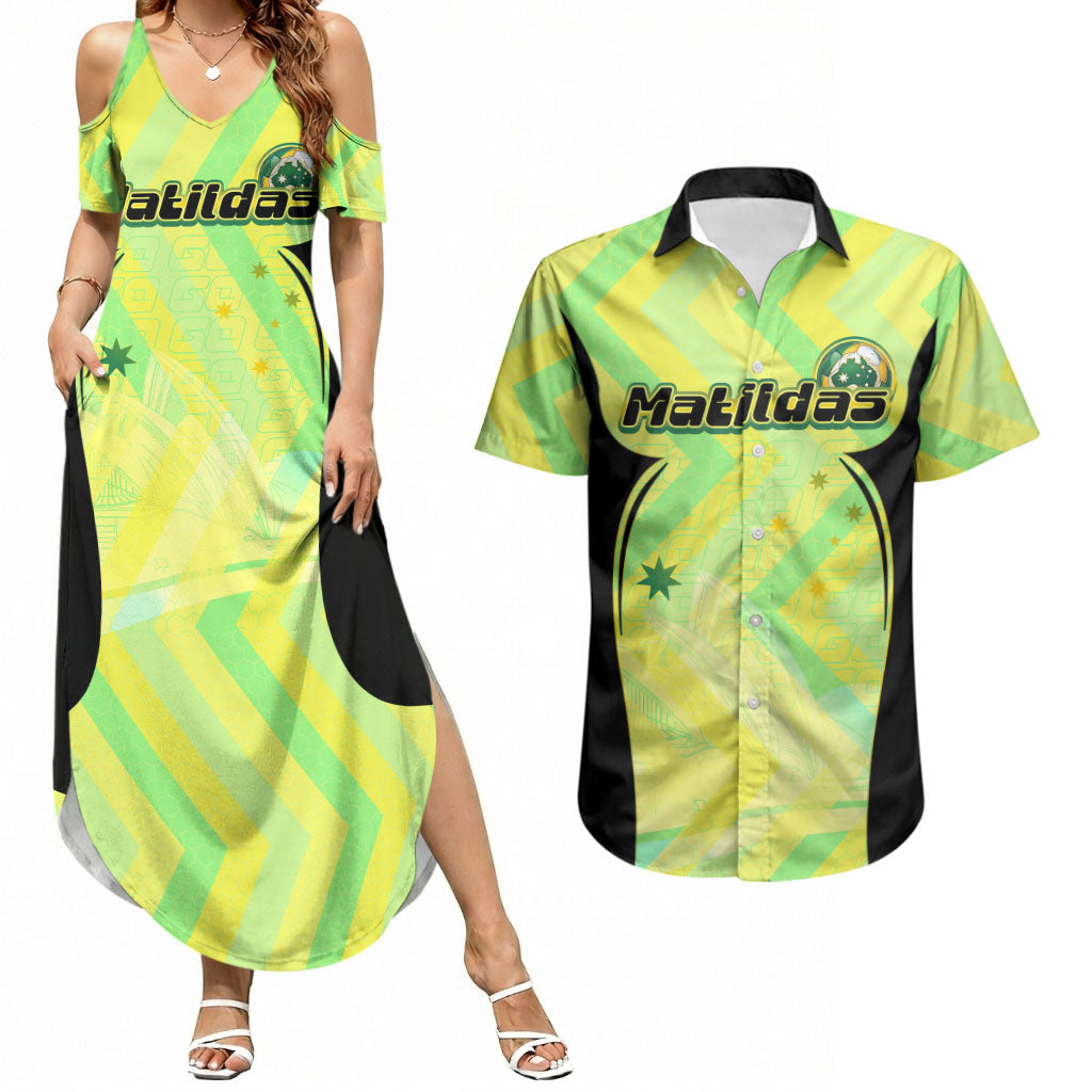 Personalised Matildas Couples Matching Summer Maxi Dress and Hawaiian Shirt Running Kangaroo Soccer Player Chevron Lines