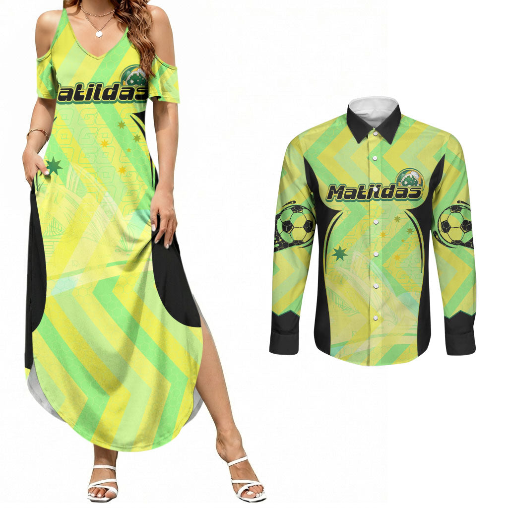 Personalised Matildas Couples Matching Summer Maxi Dress and Long Sleeve Button Shirt Running Kangaroo Soccer Player Chevron Lines