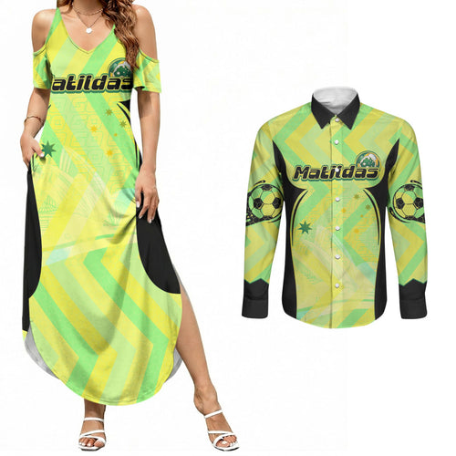 Personalised Matildas Couples Matching Summer Maxi Dress and Long Sleeve Button Shirt Running Kangaroo Soccer Player Chevron Lines