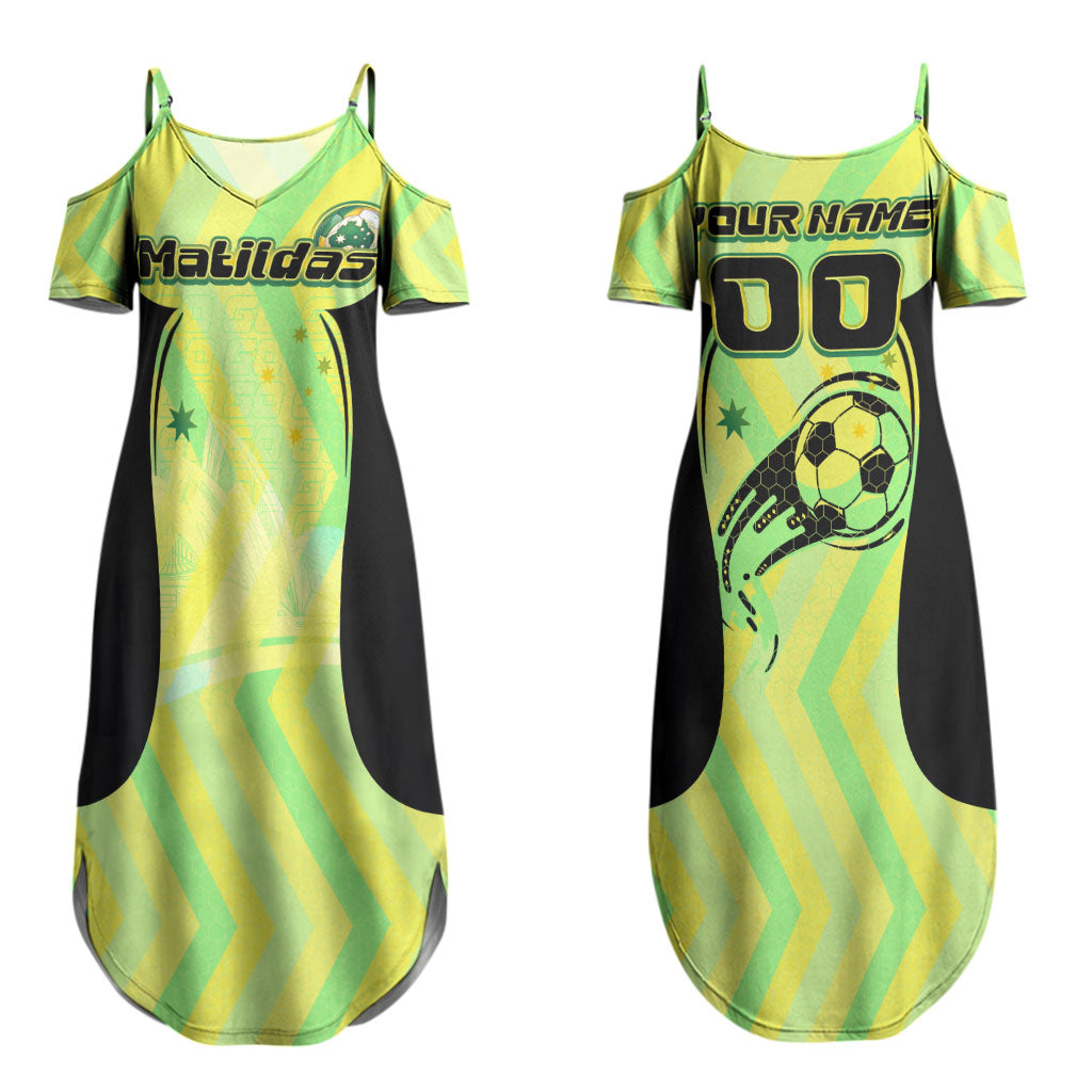 Personalised Matildas Couples Matching Summer Maxi Dress and Long Sleeve Button Shirt Running Kangaroo Soccer Player Chevron Lines