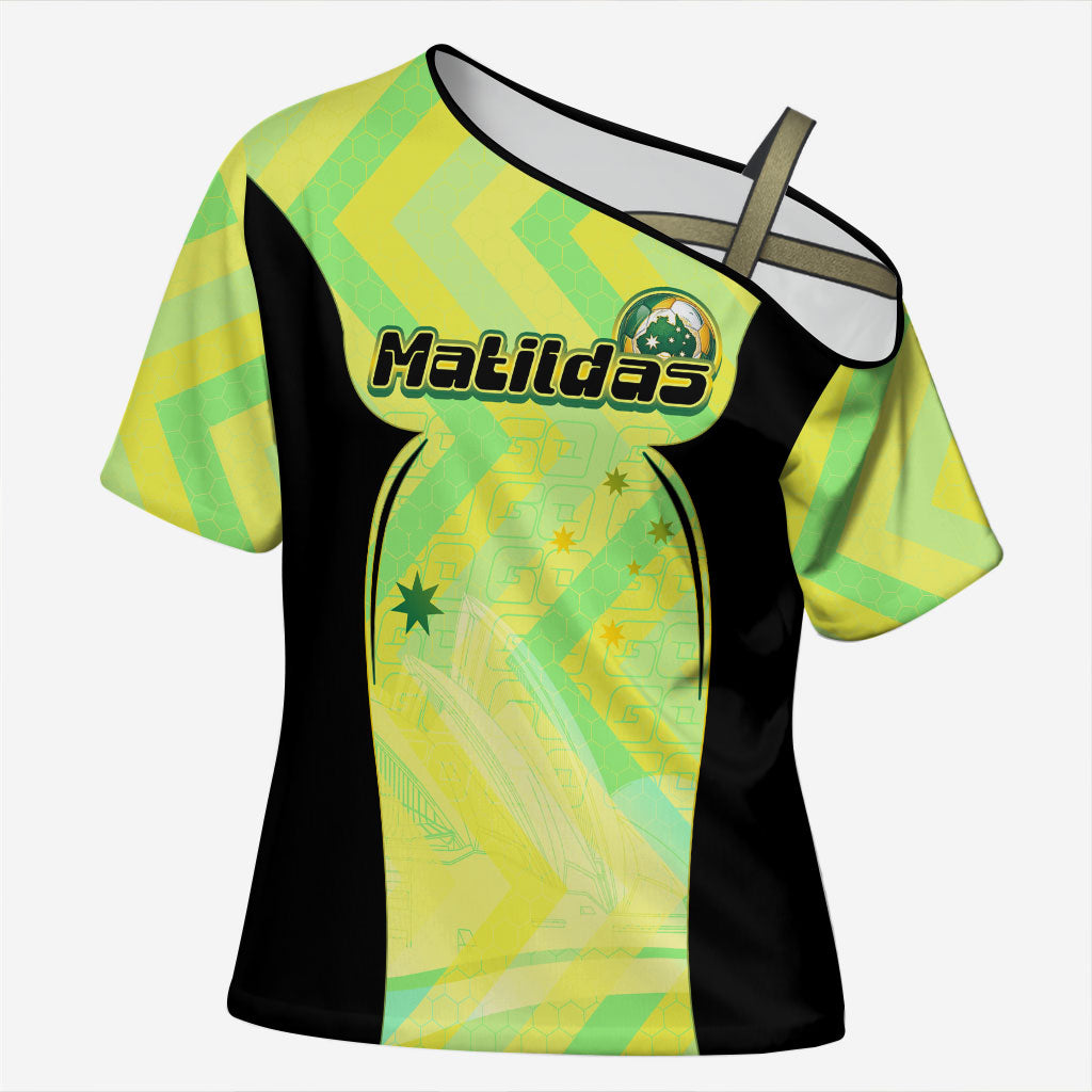Personalised Matildas Cross Shoulder Shirt Running Kangaroo Soccer Player Chevron Lines
