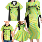 Personalised Matildas Family Matching Long Sleeve Bodycon Dress and Hawaiian Shirt Running Kangaroo Soccer Player Chevron Lines