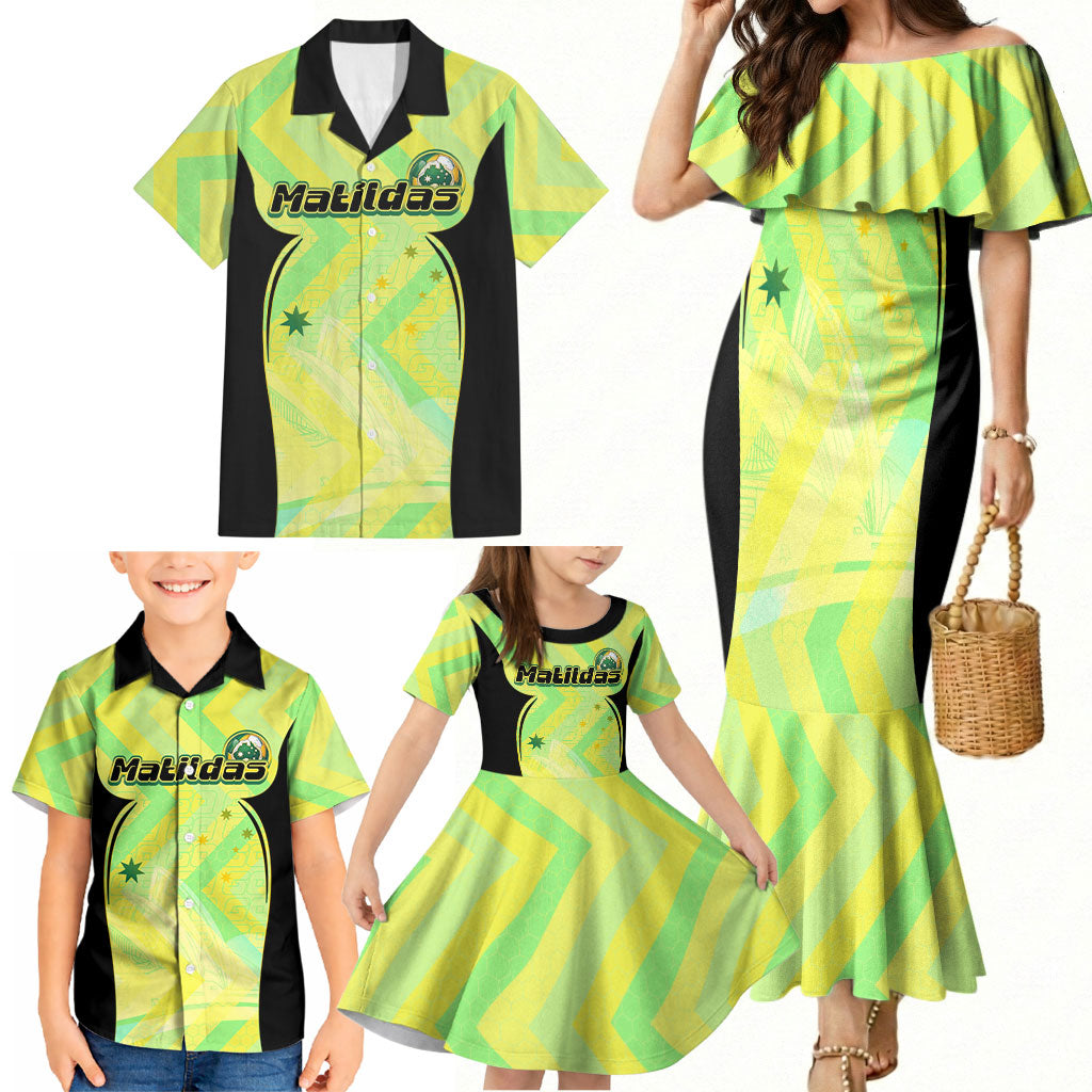 Personalised Matildas Family Matching Mermaid Dress and Hawaiian Shirt Running Kangaroo Soccer Player Chevron Lines