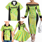 Personalised Matildas Family Matching Off The Shoulder Long Sleeve Dress and Hawaiian Shirt Running Kangaroo Soccer Player Chevron Lines