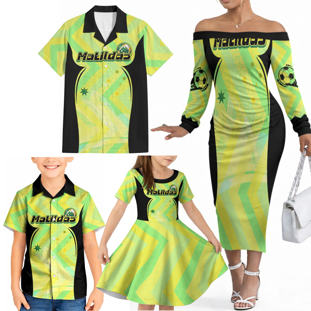Personalised Matildas Family Matching Off The Shoulder Long Sleeve Dress and Hawaiian Shirt Running Kangaroo Soccer Player Chevron Lines
