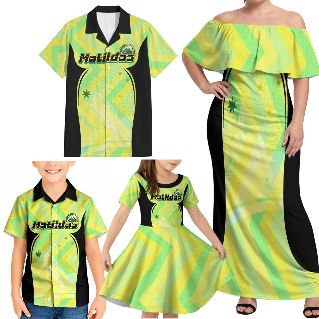 Personalised Matildas Family Matching Off Shoulder Maxi Dress and Hawaiian Shirt Running Kangaroo Soccer Player Chevron Lines